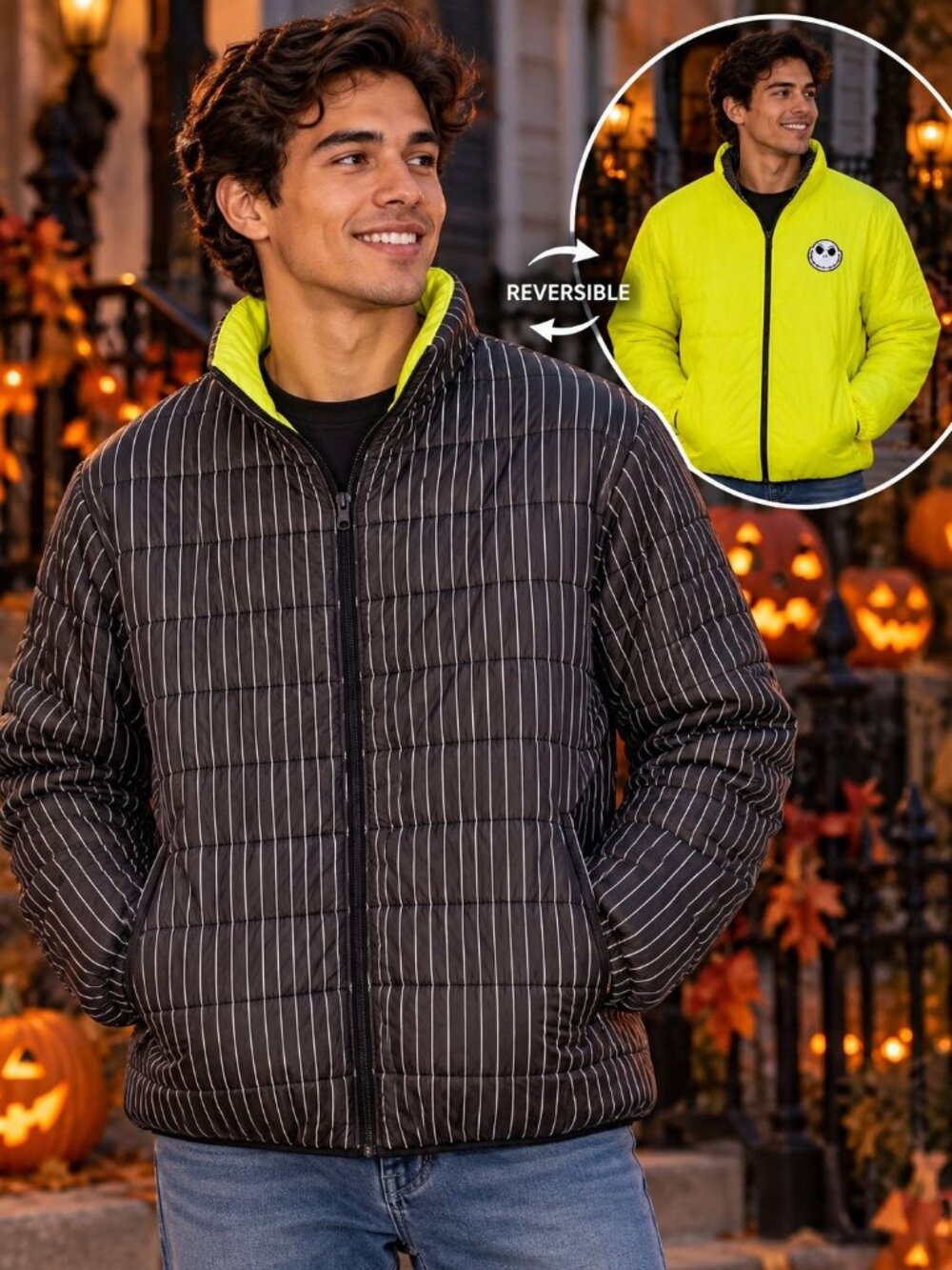 Disney Nightmare Before Christmas Jack Skellington Reversible Puffer Jacket Mens